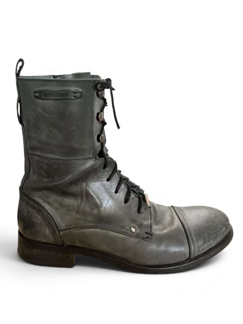 Diesel Black Leather Lace-Up Combat Boots With Side Zipper Men's Size 43